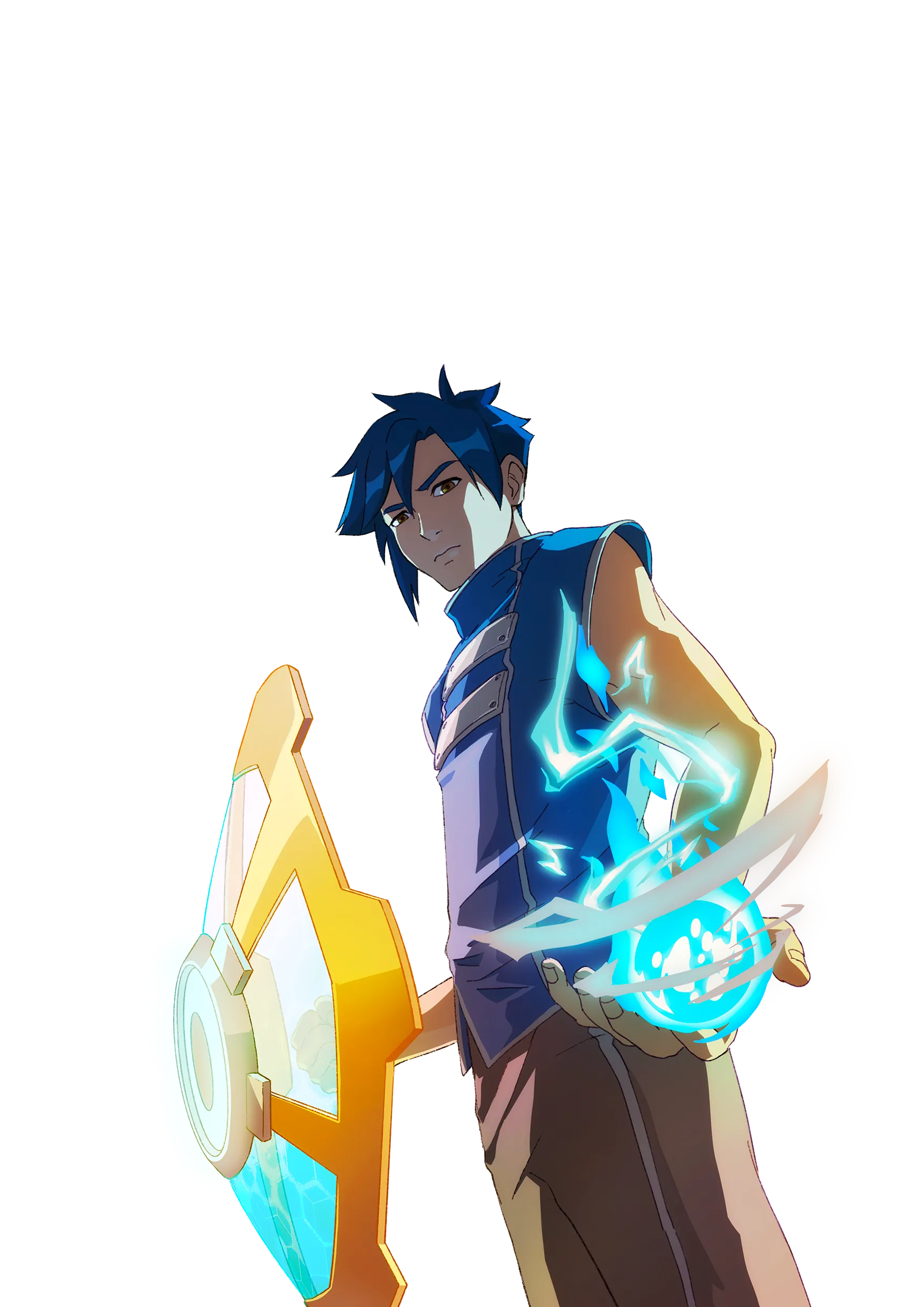 Cyrus, the protagonist of The Book of Prosperity, holding a glowing orb of magic and a golden shield.