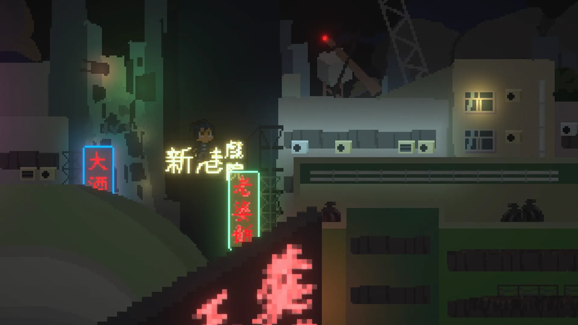 Cyrus stands on a Hong Kong-inspired rooftop at night surrounded by glowing neon signage in The Book of Prosperity.
