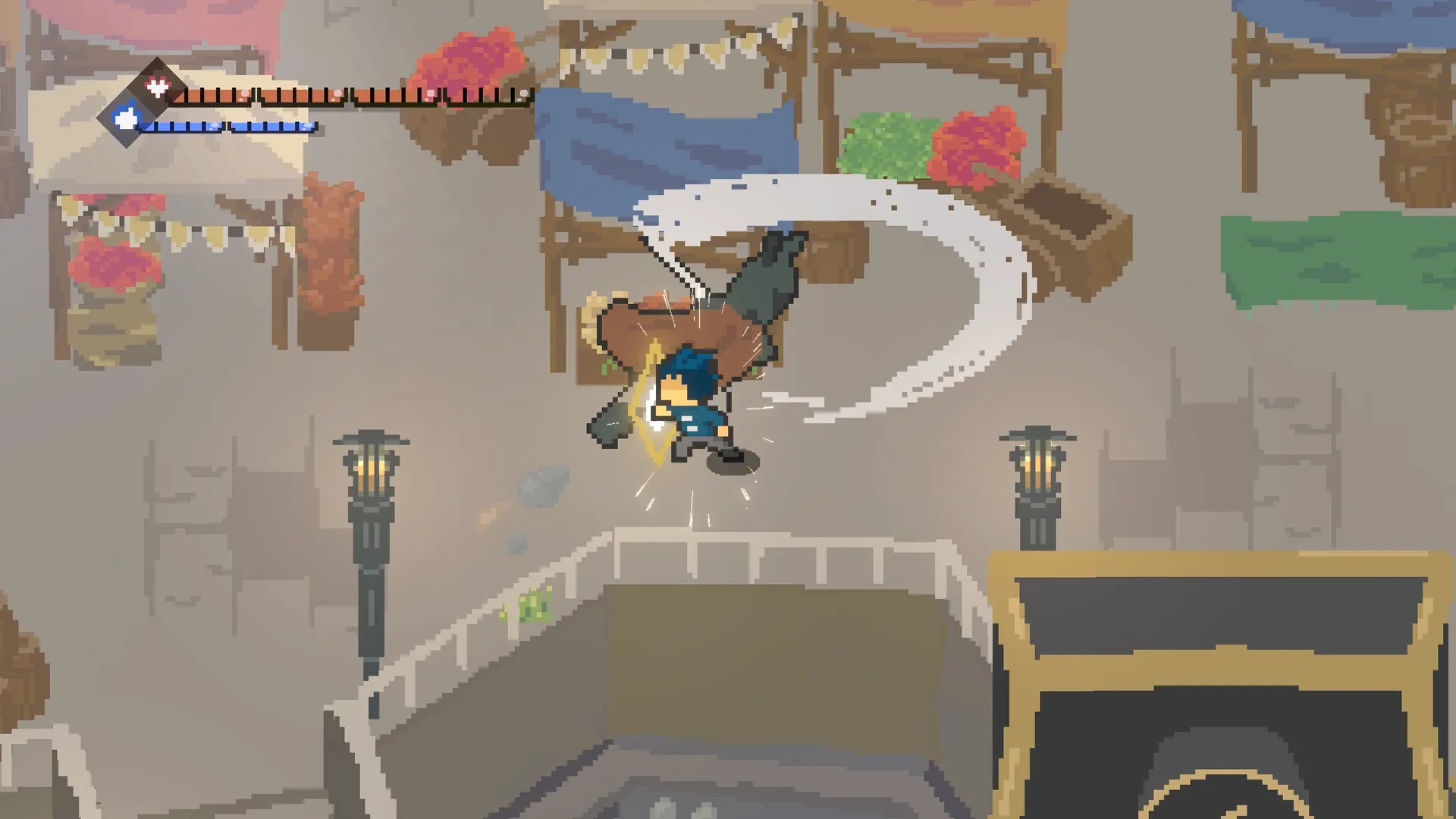Cyrus swings a wide slash arc at an enemy in a pixel-art market square.