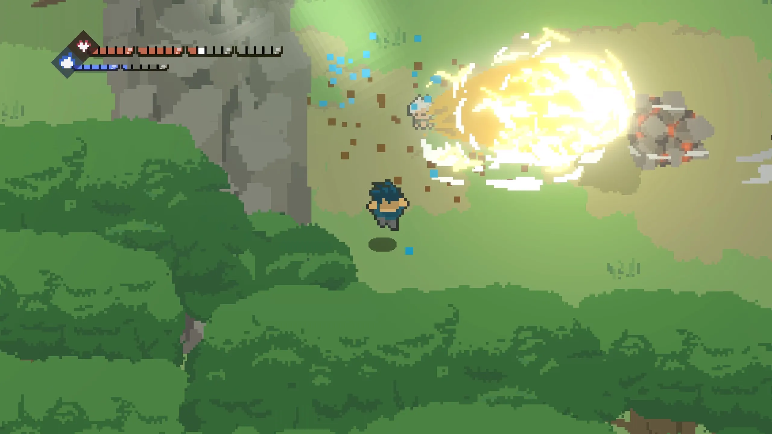 Cyrus casting a burst of fire magic at an armoured enemy in a forest clearing.
