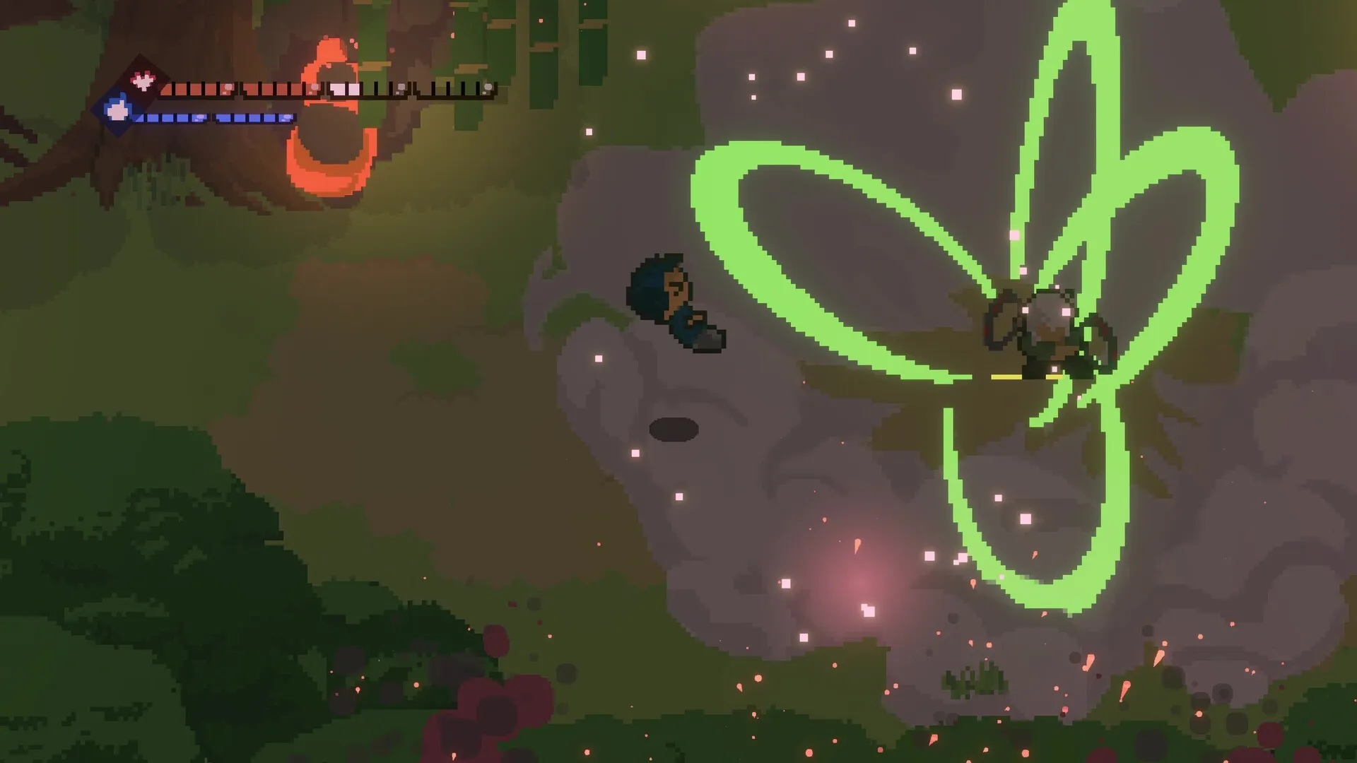 A glowing green ring attack telegraphs from an enemy while Cyrus dodges across mossy forest rocks.