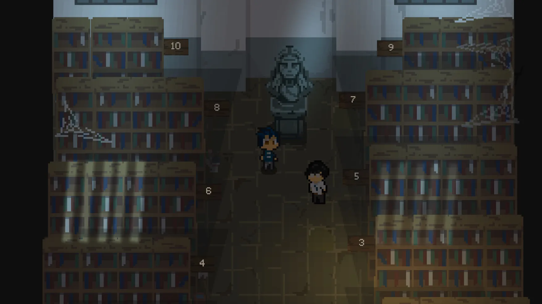 Cyrus meeting another character in a dim archive of tall numbered bookshelves.