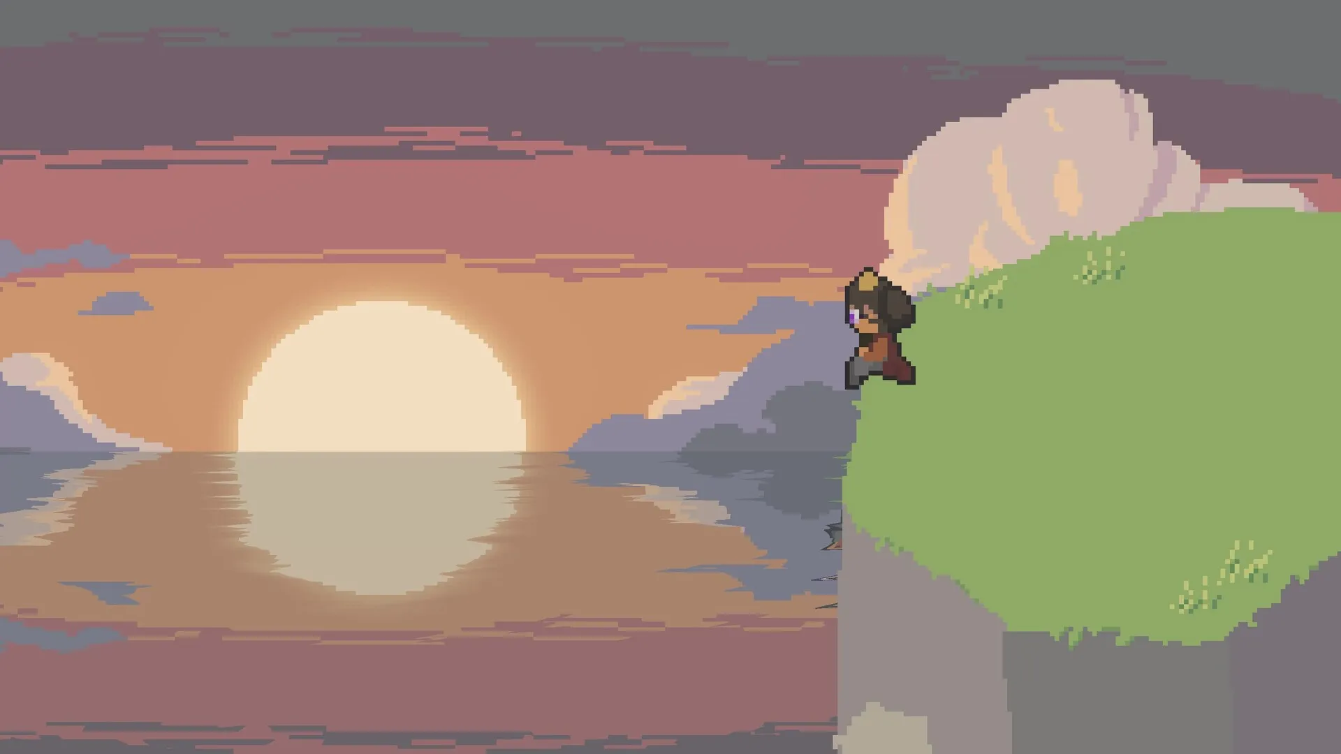 A character climbs a grassy cliff face above the sea as the sun sets in pixel-art in The Book of Prosperity.